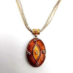 Vintage Napier Enameled Orange Guilloche Pendant on 2-Tone 3-Strand Necklace